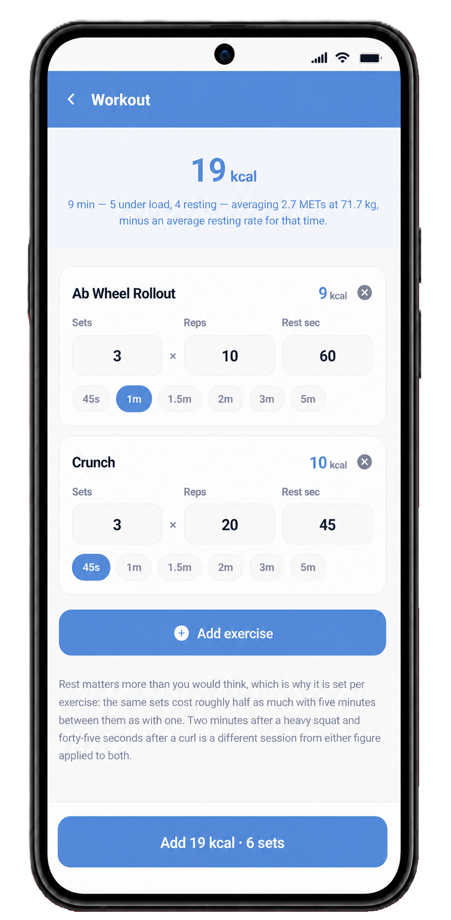 Workout screen logging exercises, sets, reps and rest time