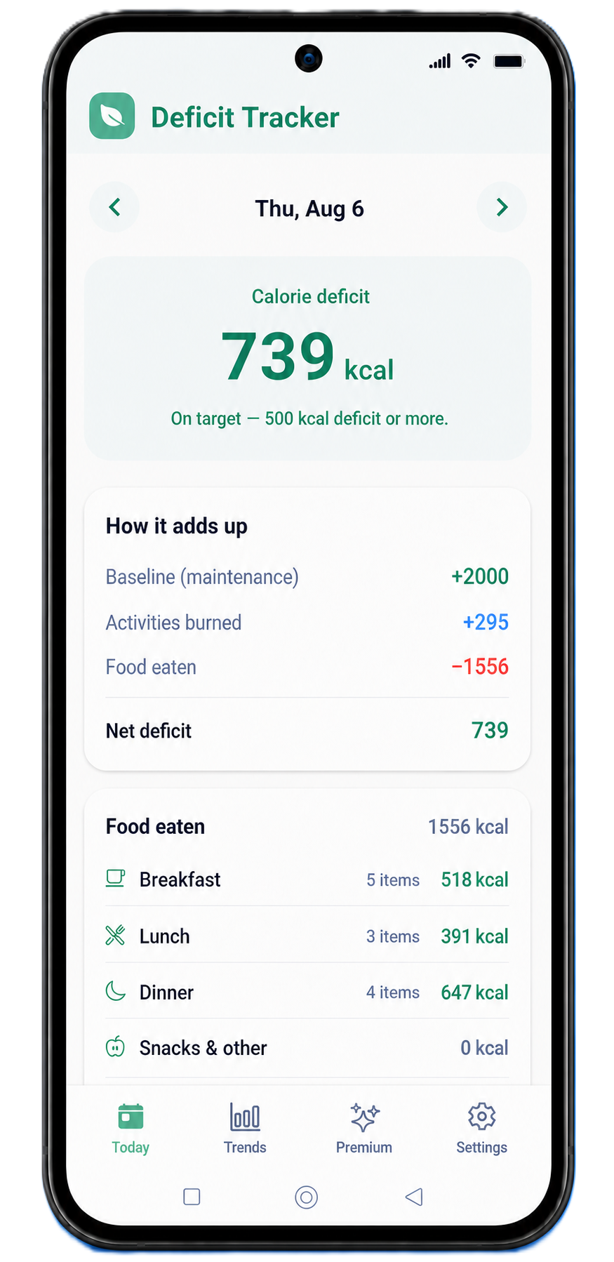 Home screen showing today's calorie deficit and how it adds up